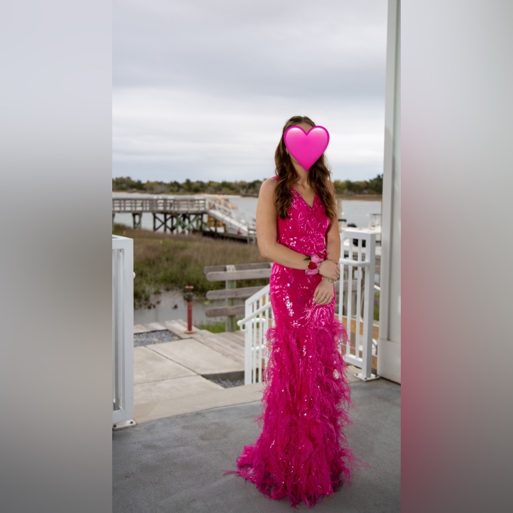 vovani 07808 fuchsia feather skirt v neck dress